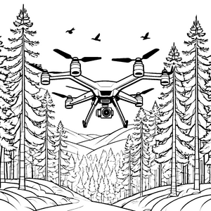 Stolze Drohne über Tannenwald Ausmalbild für malfreudige Bergliebhaber