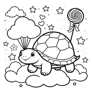 Traumhafte Kawaii-Schildkröte mit Zuckerstange Malbild für neugierige Wolkenreiter