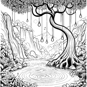 Majestätischer Baum mit Wasserfall Ausmalbild für neugierige Wasserforscher