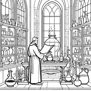 Geheimnisvoller Alchemist im Labor mit Kessel Bastelmotiv für kreative Pergamentleser