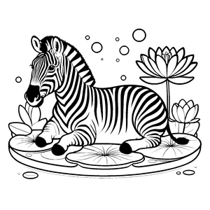 Entspanntes Kawaii-Zebra bei Seerosen Ausmalvorlage für Wasserfarben