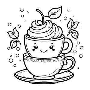 Verspielte Kawaii-Kirschen auf Sahnetassen-Malbild für kleine Kaffeekränzchen