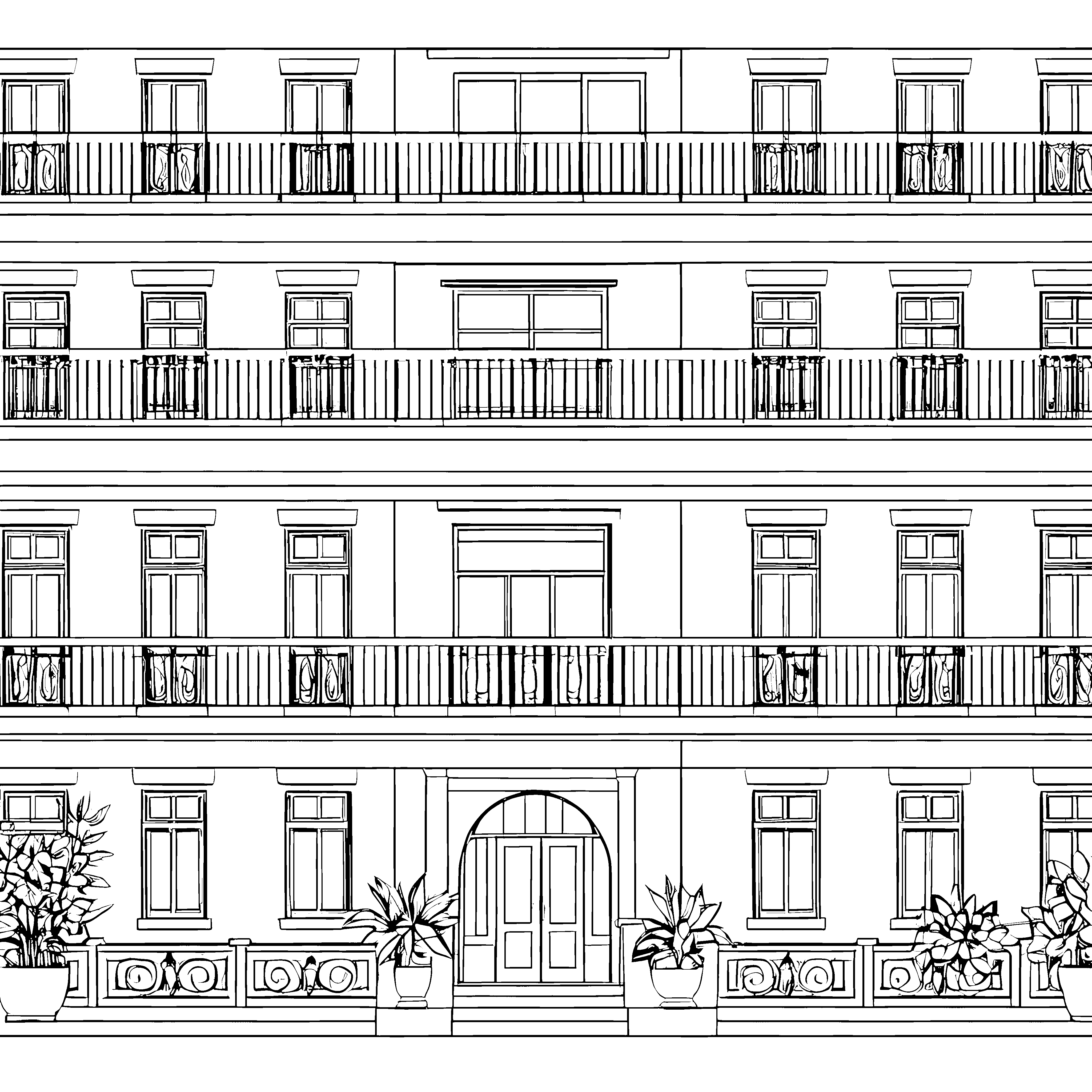 Stille Fassade mit Blumenkübeln Malbild für verträumte Hausfreunde