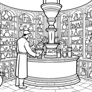 Ehrwürdiger Alchemist am großen Arbeitstisch Malvorlage für neugierige Laborhelfer