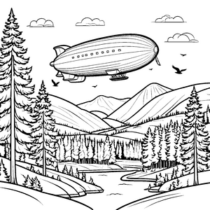 Wunderschöne Zeppeline über Nadelwäldern Malbild für kleine Waldläufer