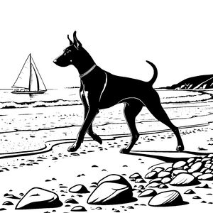 Stolzer Dobermann am Segelboot Malbild für junge Küstenforscher