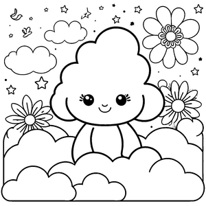 Herzliche Kawaii-Wolke mit Blumen Malvorlage für verträumte Blumenkinder