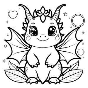 Bezaubernder Kawaii-Drache mit Blume Malvorlage für Pflanzenfreunde