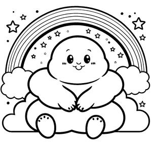 Lächelndes Kawaii-Wesen auf Wolke mit Regenbogen Malvorlage für kleine Sternenstaubsammler