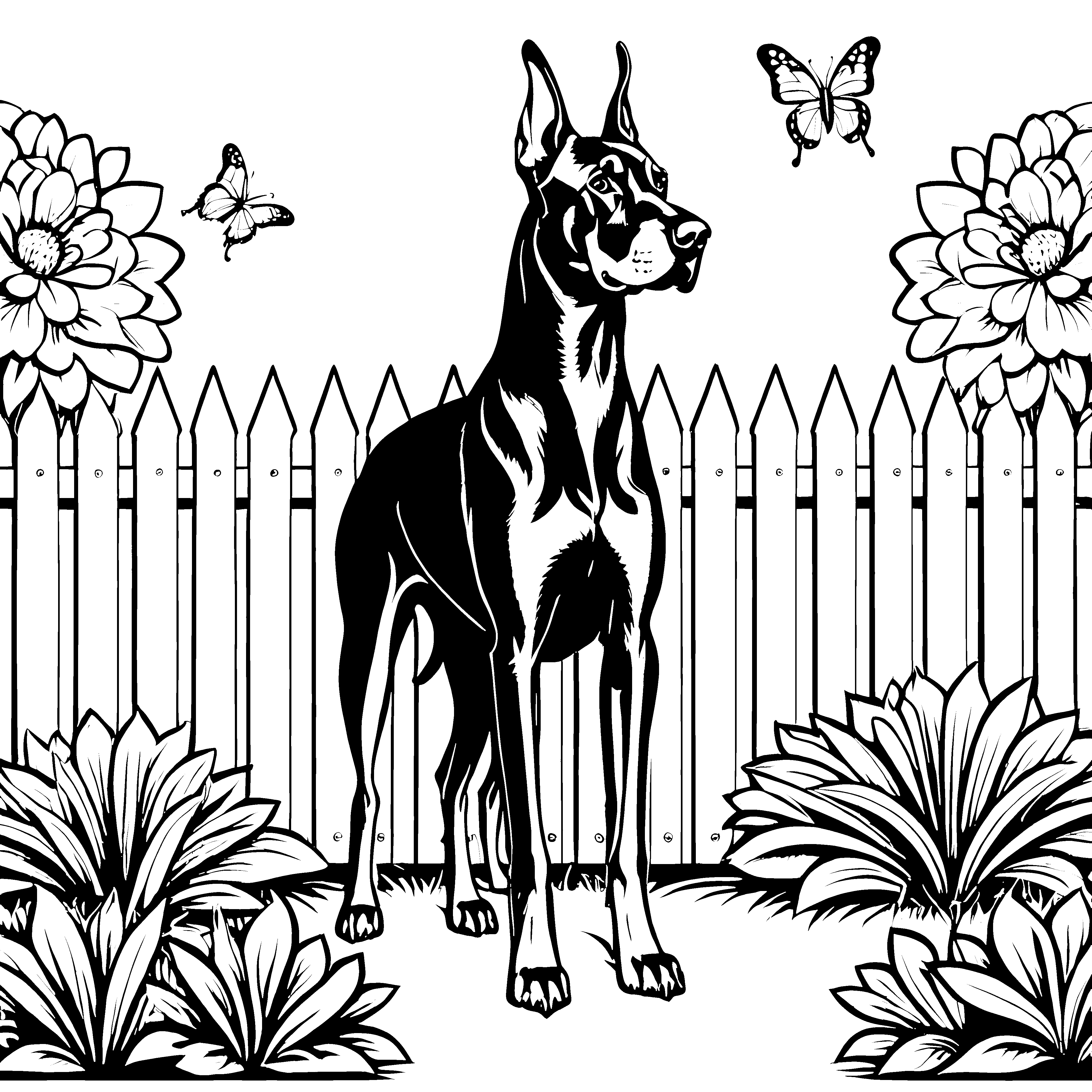 Wachsamer Dobermann bei Schmetterlingen Malbild für junge Naturforscher