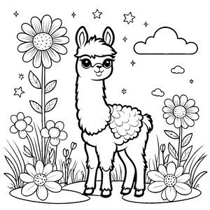 Freundliches Lama in Blumenwiese Ausmalbild für neugierige Blumenkinder