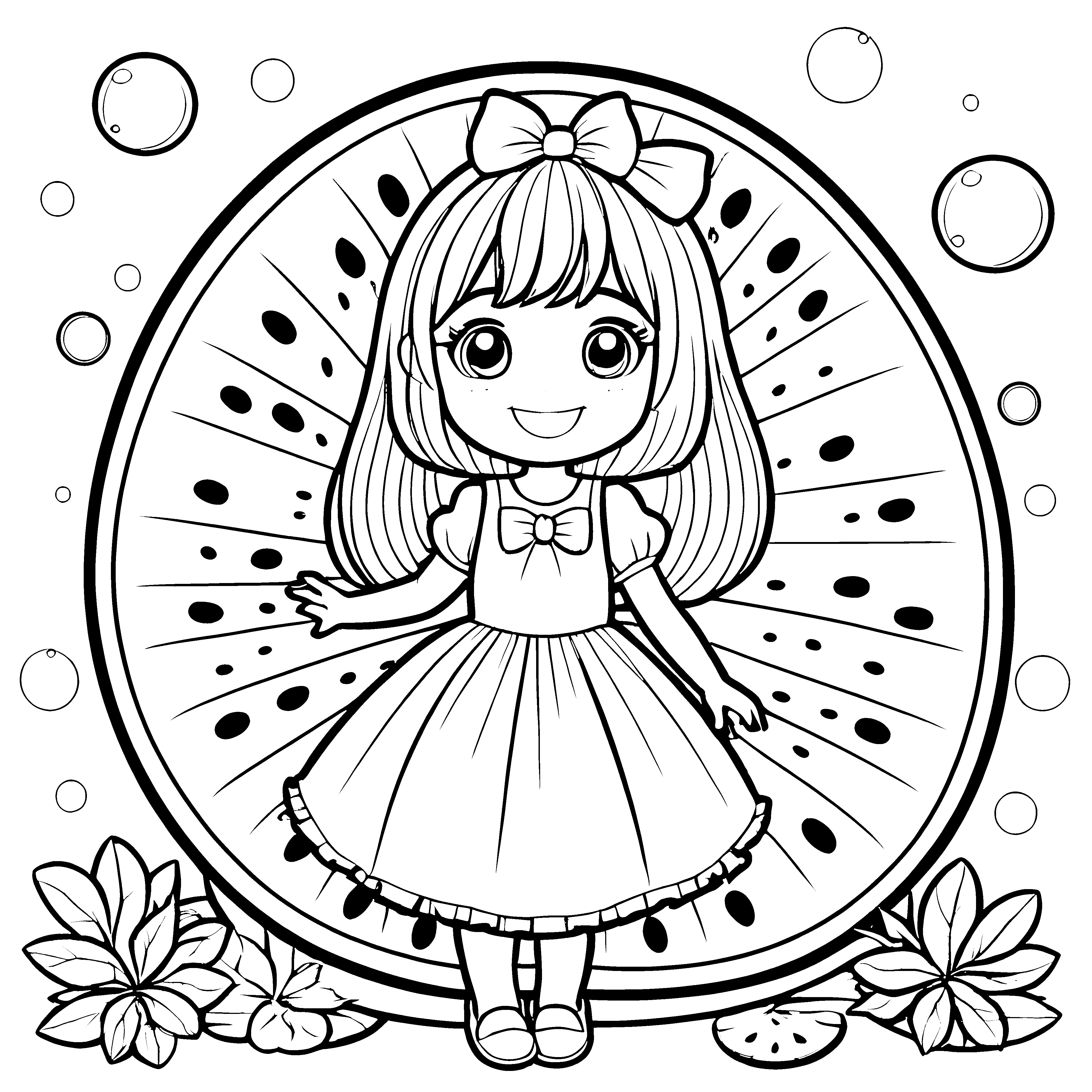 Verspieltes Kawaii-Mädchen vor Wassermelone Ausmalvorlage für kreative Obstfreunde