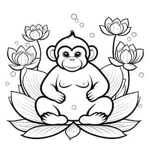 Sanfter Kawaii-Affe auf Lotusblüte Ausmalvorlage für kreative Blütenfans