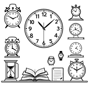 Vielfältige Wanduhren und Sanduhr-Malbild für verträumte Bücherwürmer