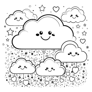 Lustige Kawaii-Wolken mit Herzen Ausmalbild für verträumte Sternenstaubsammler