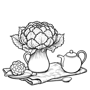 Eleganter Blumenkohl mit Teekanne Malvorlage für junge Tischfreunde