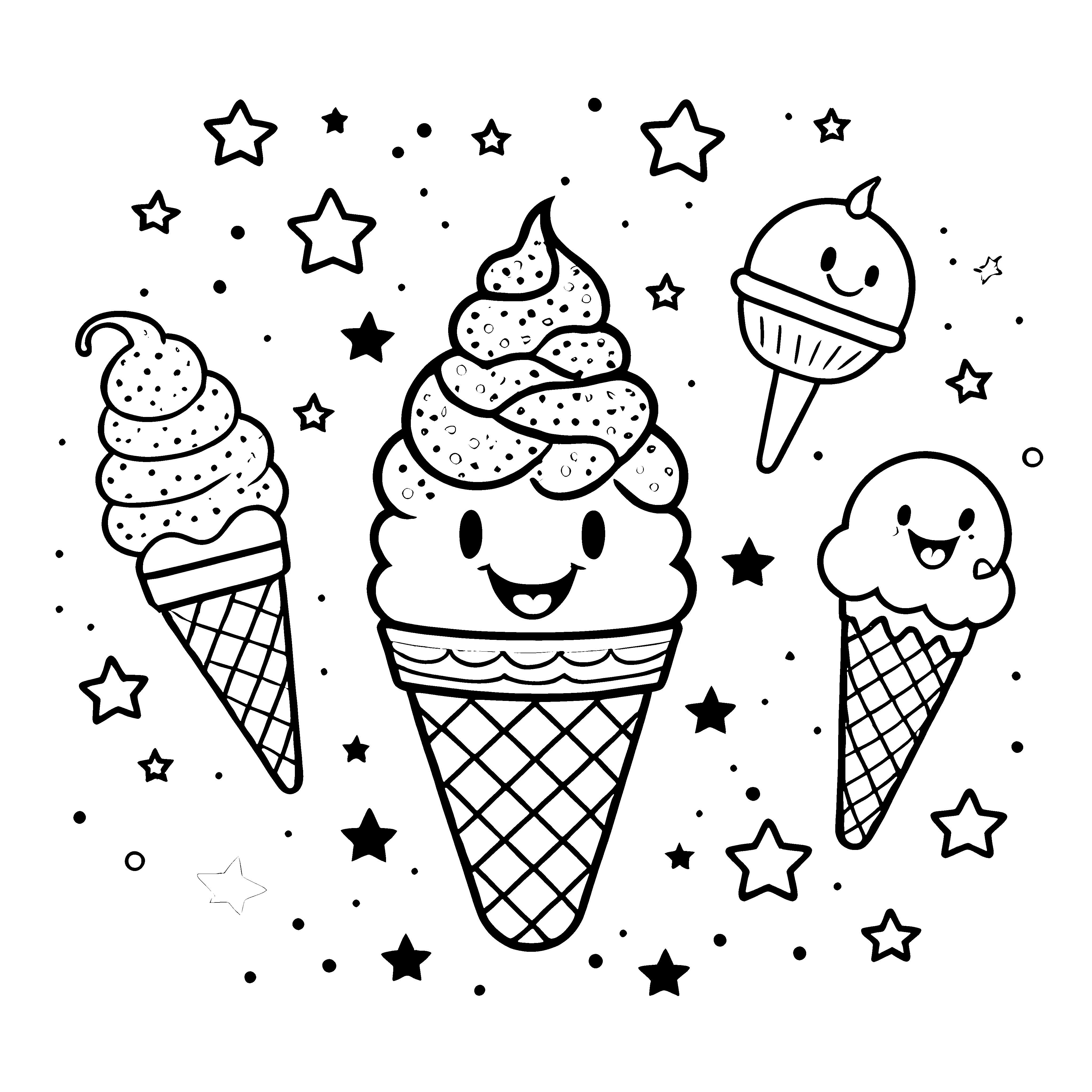 Verspielte Kawaii-Eiswaffeln mit Sternen Ausmalvorlage für kleine Naschfreunde