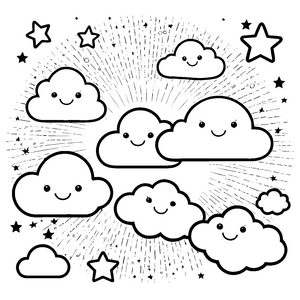 Strahlenreiche Kawaii-Wolken mit Sternen Ausmalvorlage für fröhliche Himmelsfreunde