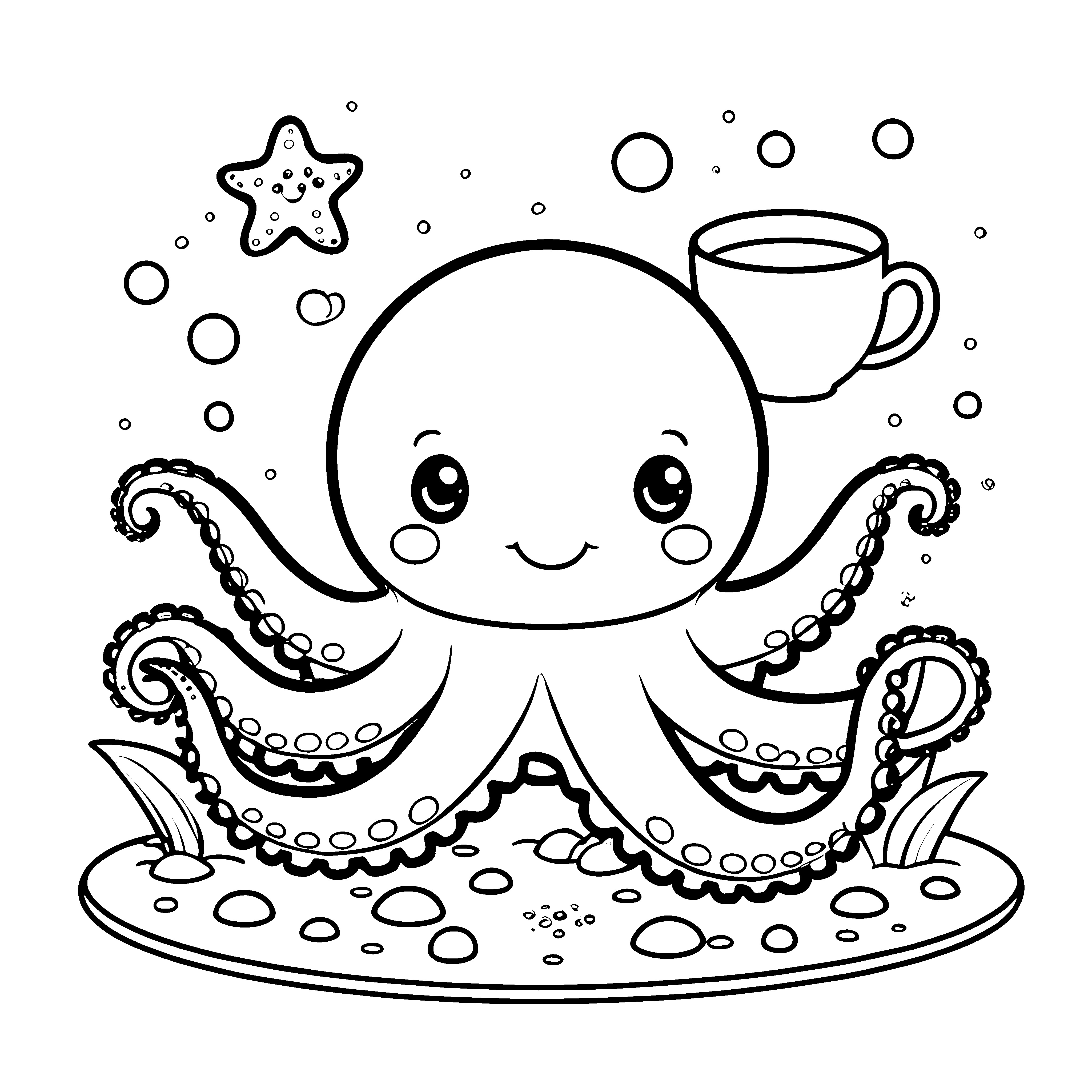 Herzlicher Oktopus mit Kaffeetasse Malbild für kreative Tiefseefreunde