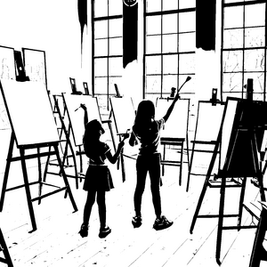 Inspirierte Schulkinder mit Pinseln Ausmalbild für kreative Kunstschaffende