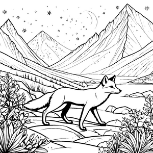 Abenteuerlicher Polarfuchs unter Sternenhimmel Ausmalvorlage für kleine Naturträumer