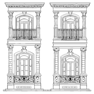 Imposante Fassade mit Säulen und Balkonen Malbild für junge Baubegeisterte
