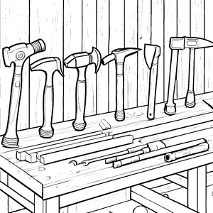 Abwechslungsreiche Hämmer auf der Werkbank Ausmalbild für Holzwerker