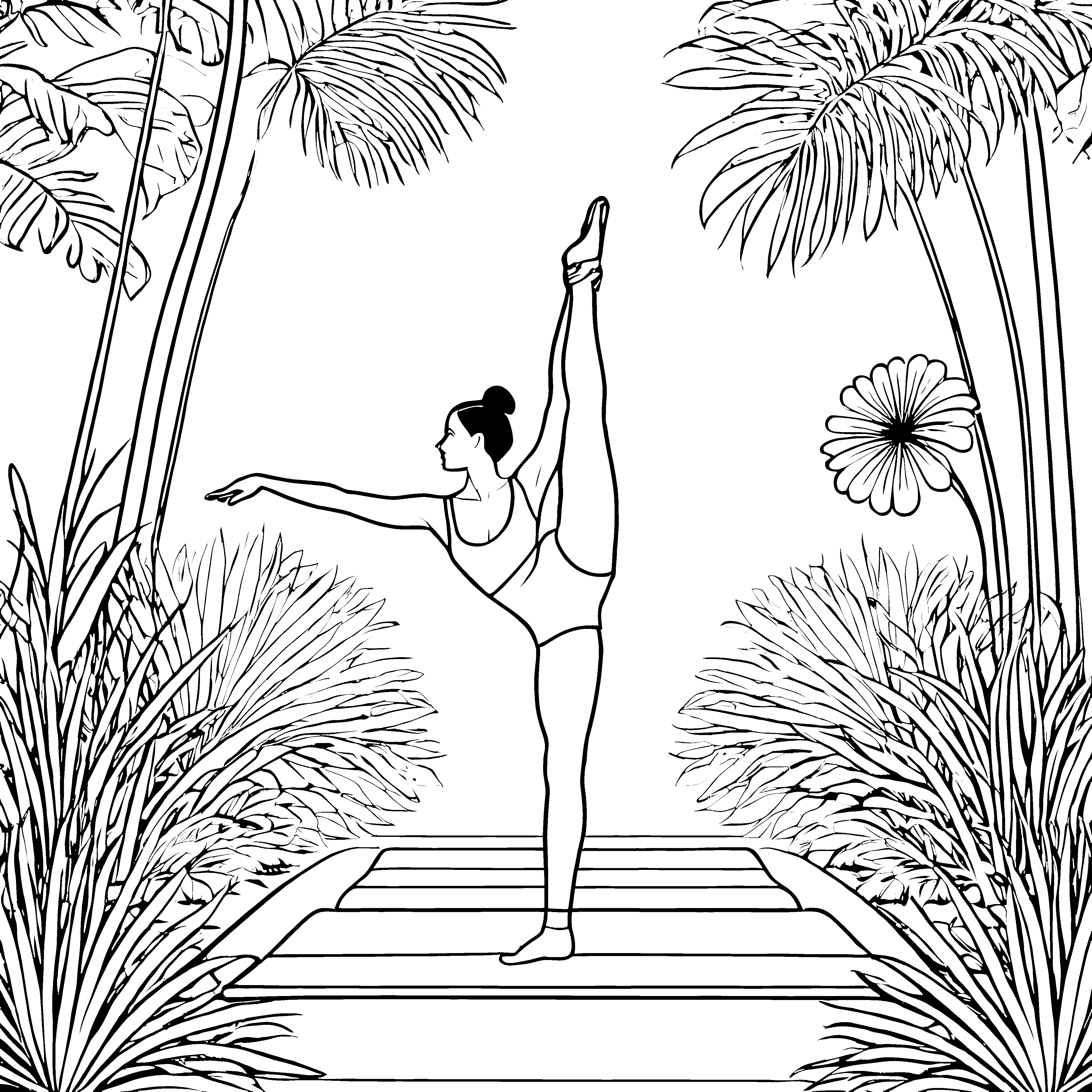 Anmutige Yoga-Pose mit Palmen Malbild für kleine Dschungelträumer