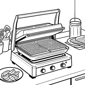 Hochmoderner Kontaktgrill mit Fleischscheiben Ausmalvorlage für kreative Gourmetköche