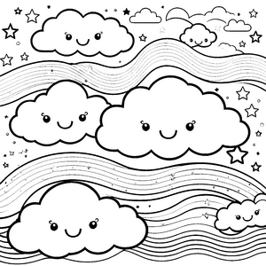 Strahlenfrohe Kawaii-Wolken mit Sternen Malvorlage für fröhliche Himmelswächter