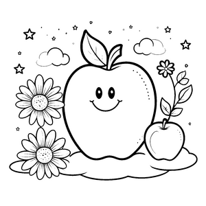 Begeisterte Kawaii-Äpfel auf Wolken Malbild für kleine Sternengucker