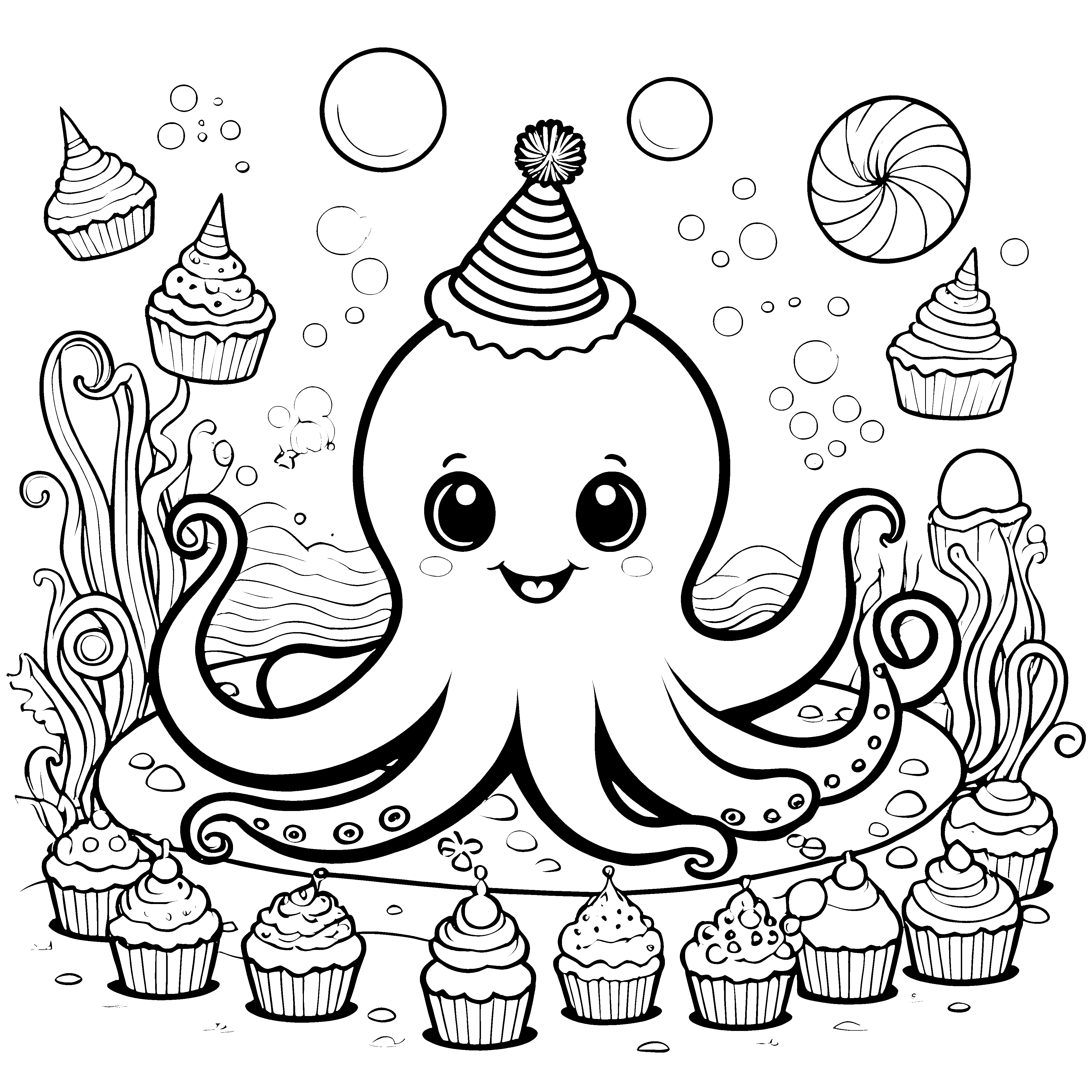 Fröhlicher Oktopus mit Cupcakes Ausmalvorlage für kleine Süßigkeitenfans