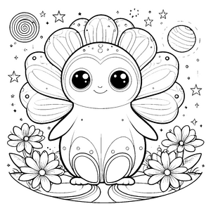 Freundliches Kawaii-Alien mit Blumen Ausmalvorlage für Galaxienputzer