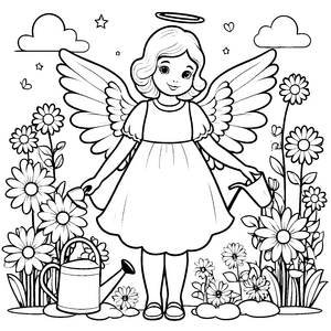 Liebevoller Kawaii Engel im Blumenbeet Ausmalvorlage für fröhliche Gartenfreunde