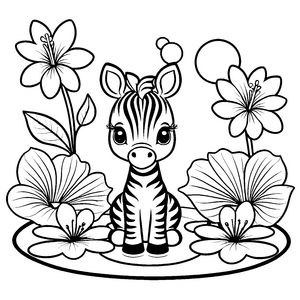 Verspieltes Kawaii-Zebra zwischen Blüten Malvorlage für malfreudige Blumenkinder