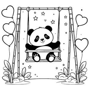 Heiterer Panda auf Bambusschaukel Ausmalvorlage für kreative Luftballonfreunde