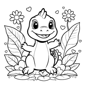 Freundlicher Kawaii Dinosaurier mit Blumen Bastelvorlage für kleine Pflanzenfreunde