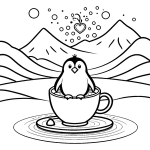 Kuscheliger Kawaii-Pinguin in Teetasse Ausmalvorlage für verträumte Bergsucher