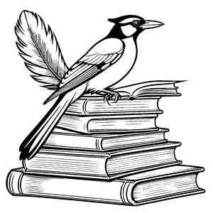 Kluge Elster auf Bücherstapel Bastelmotiv für kleine Buchwürmer