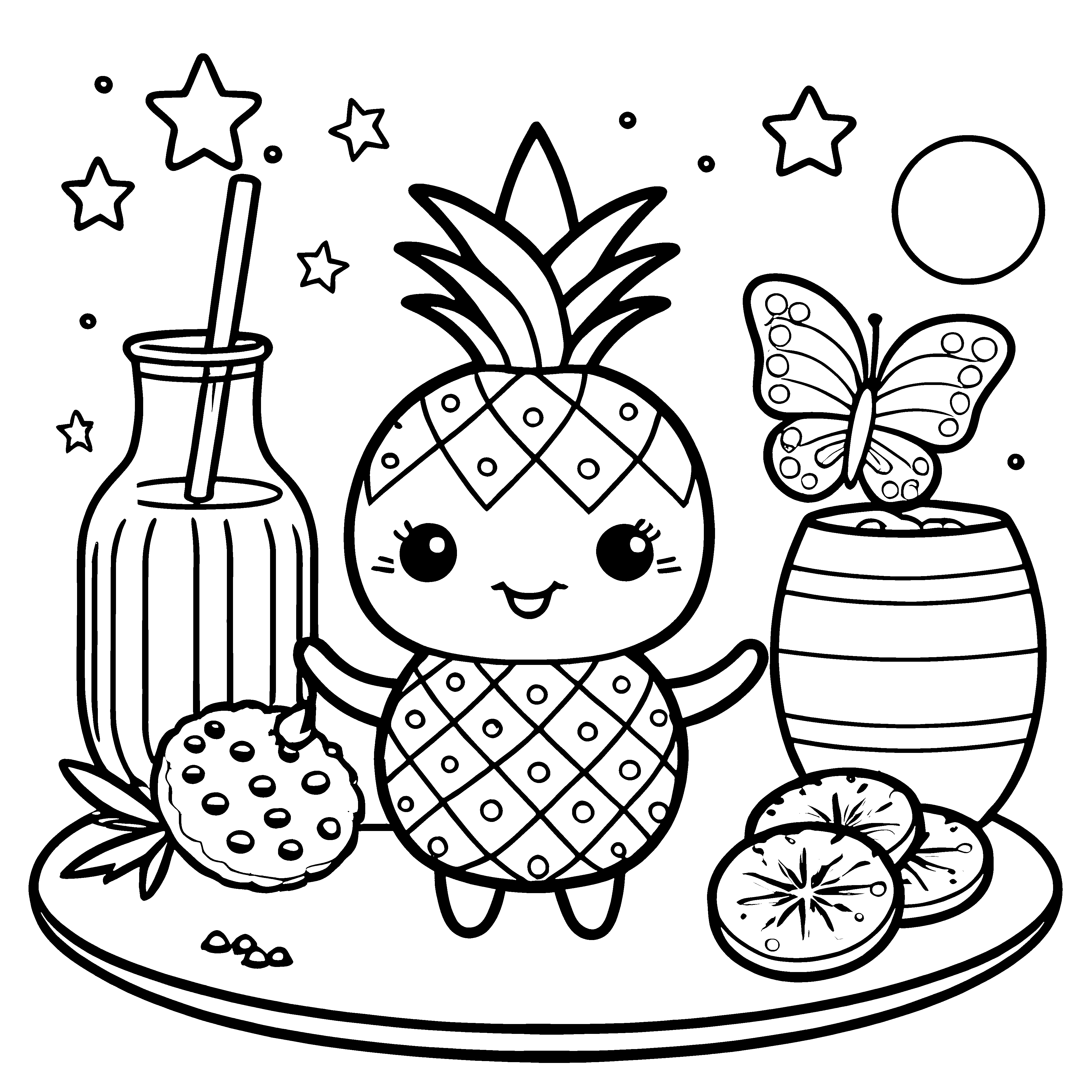 Herzliche Kawaii Ananas mit Schmetterling Ausmalvorlage für kreative Fruchtfreunde