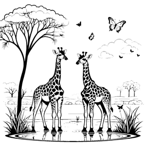 Verspielte Giraffenjungtiere am Teich Bastelvorlage für fröhliche Wasserforscher