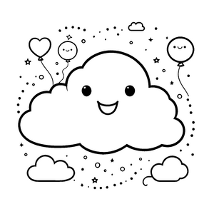 Fröhliche Kawaii-Wolke mit Luftballons Malbild für verträumte Himmelsbewohner