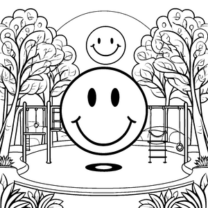 Verspielte Smileys auf der Schaukel Malbild für neugierige Spielplatzfreunde