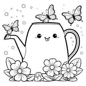 Fröhliche Kawaii-Schmetterlinge an der Teekanne Bastelmotiv für kreative Blumenfeen