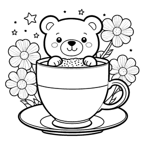 Verspielter Kawaii Teddybär in Teetasse Ausmalvorlage für kreative Blumenkinder
