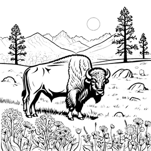 Imposanter Bison mit Wildblumen Ausmalvorlage für junge Wildnisforscher