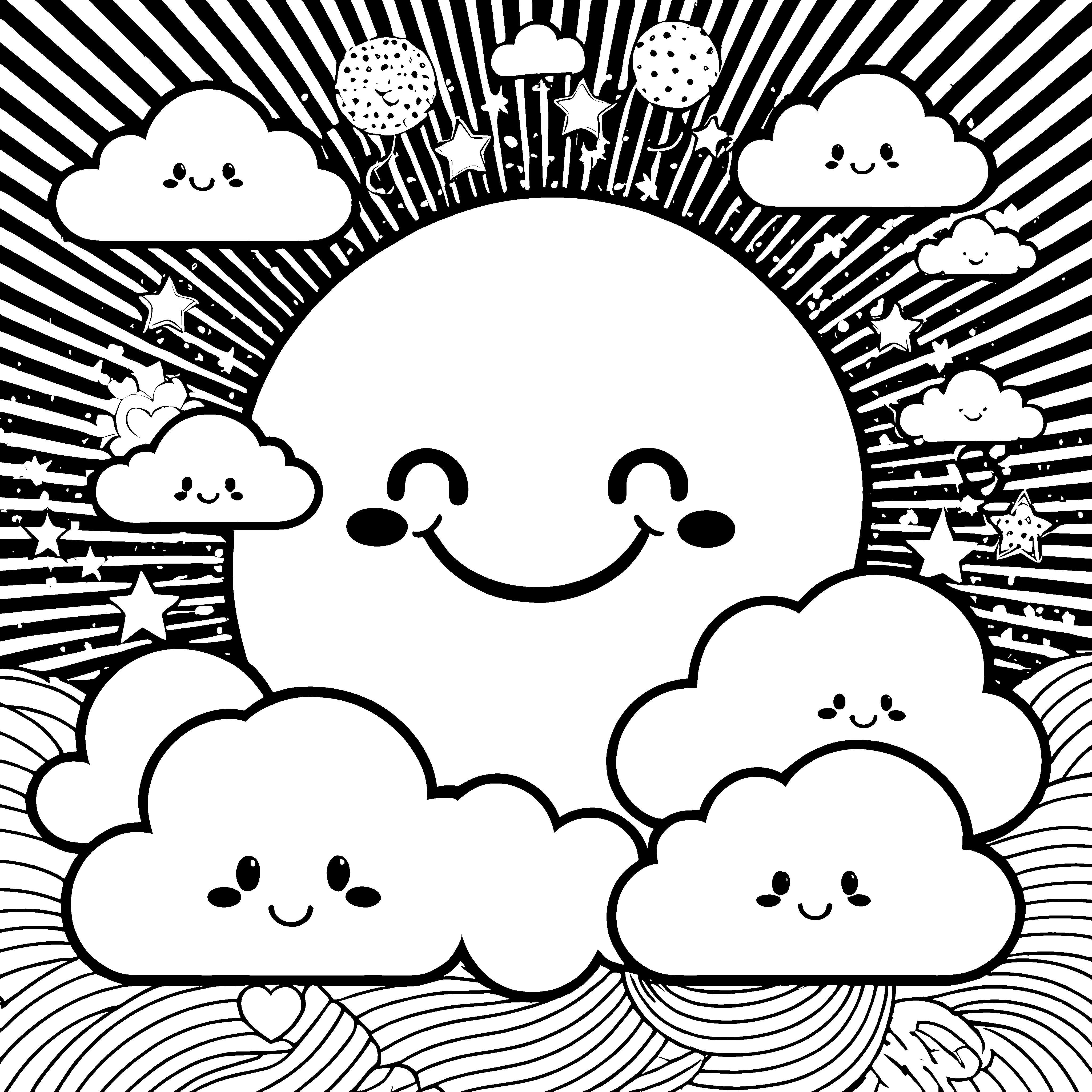 Strahlende Kawaii-Wolken mit Sonne Bastelvorlage für junge Himmelsfreunde