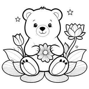 Lieblicher Kawaii-Eisbär mit Blüte Malvorlage für kleine Blumenfreunde