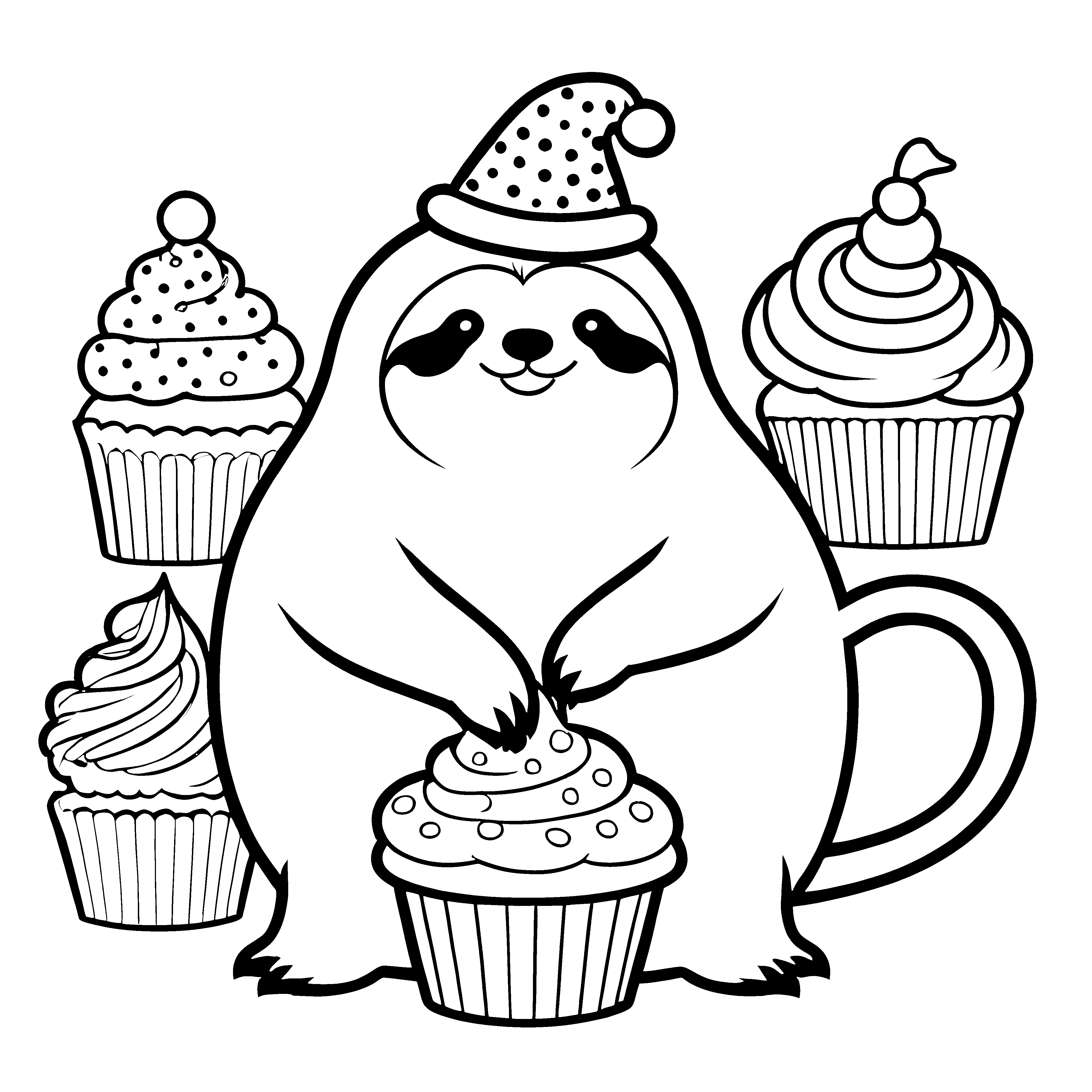 Festliches Kawaii-Faultier mit Cupcakes Ausmalbild für fröhliche Backfreunde