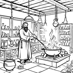 Mystischer Alchemist mit brennendem Kessel Ausmalvorlage für neugierige Trankmischer